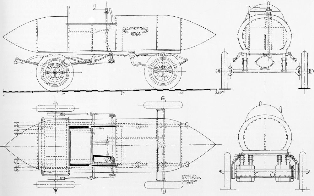 Technical diagrams showing the technical structure of the 'Jamais Contente' from different angles. Top view, sectional plan profile view.