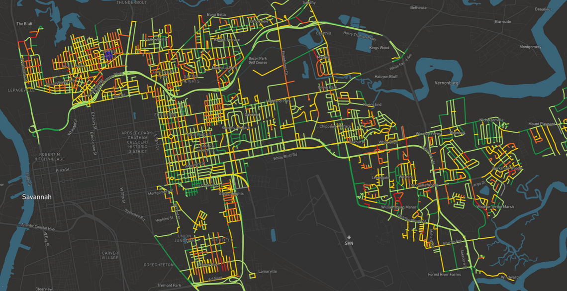 Map of the city of Savannah with identification of different areas thanks to data collection