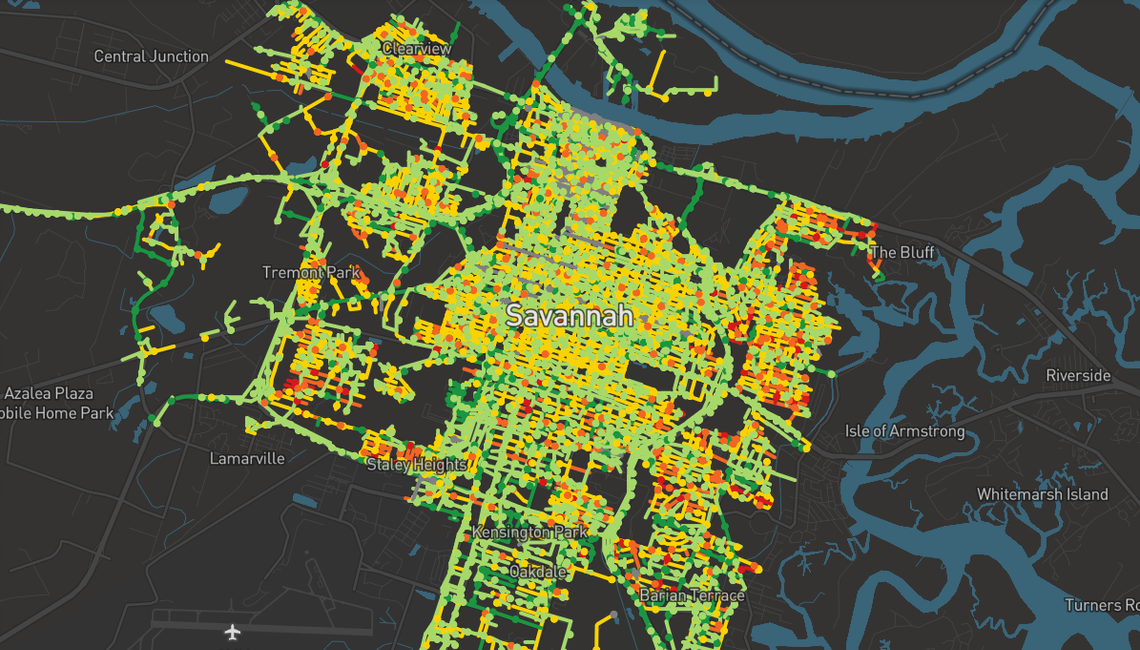 Plan de la ville de Savannah avec identification de différentes zones grâce à la collecte de données